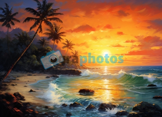a painting of a sunset over a beach with palm trees
