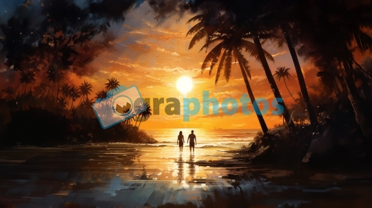 A painting of two people in the foreground sunrays shine  lively coastal landscapes