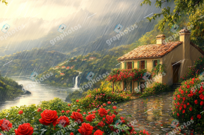 Rainy Day in a Tuscan Valley with Roses
