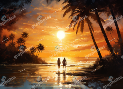 Romantic Tropical Sunset Beach Walk with Couple