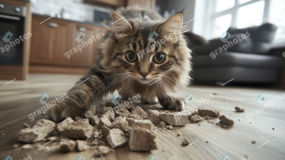 Mischievous Tabby Cat Playing with Debris on Floor