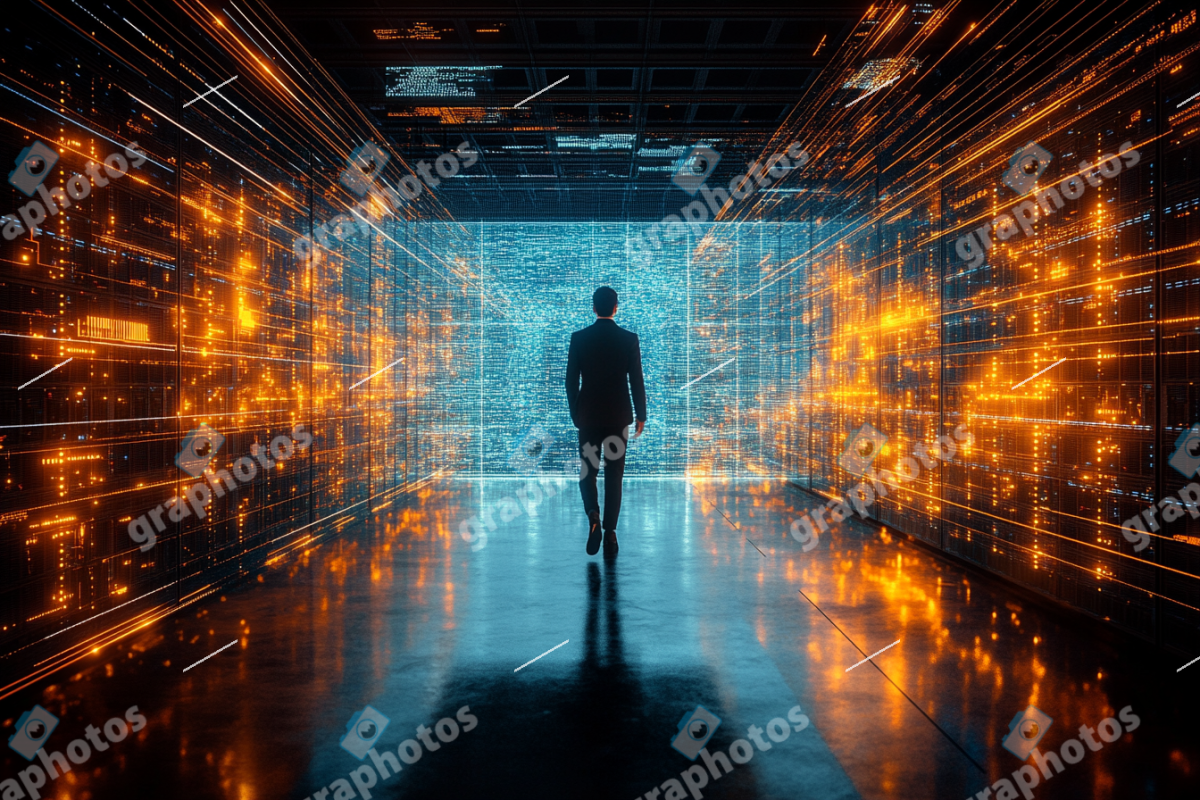 Businessman Walking into Futuristic Digital Data Corridor