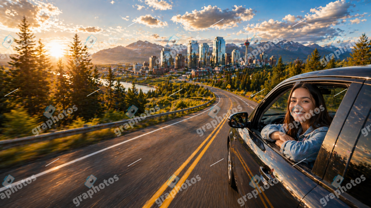 Happy Woman on Scenic Road Trip at Sunset