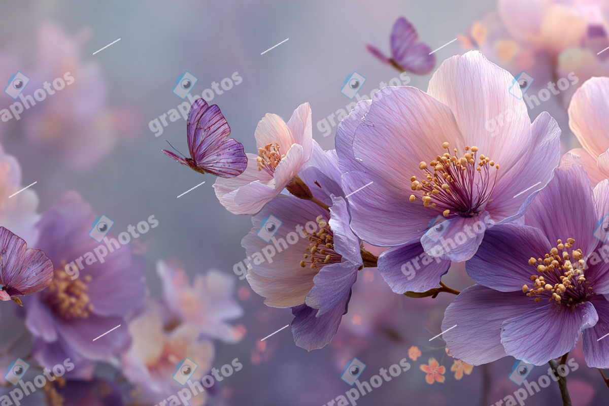 Ethereal Purple Flowers and Butterflies