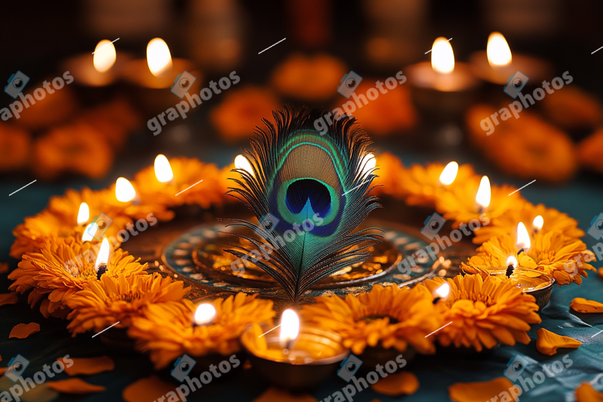Diwali Festival Decor with Peacock Feather and Diyas