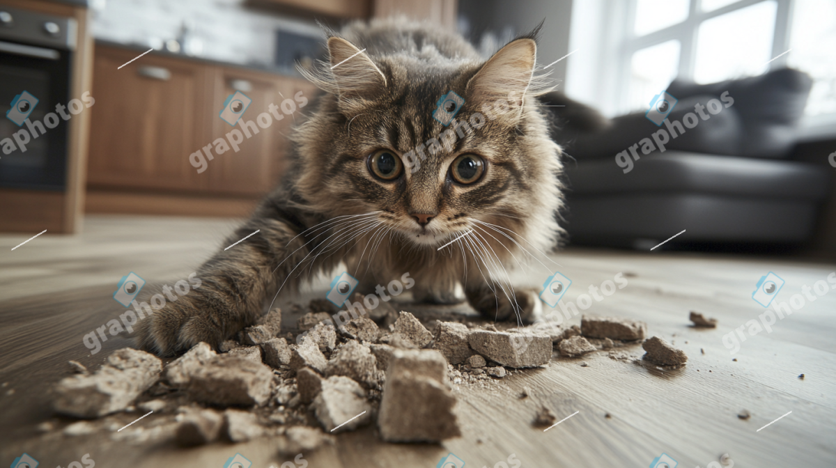 Mischievous Tabby Cat Playing with Debris on Floor