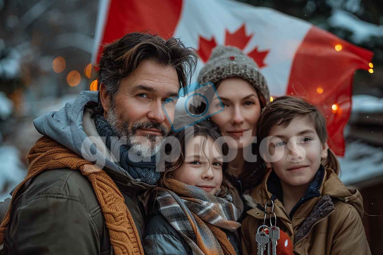 Happy Canadian Family Portrait with Flag – Winter Outdoor Scene