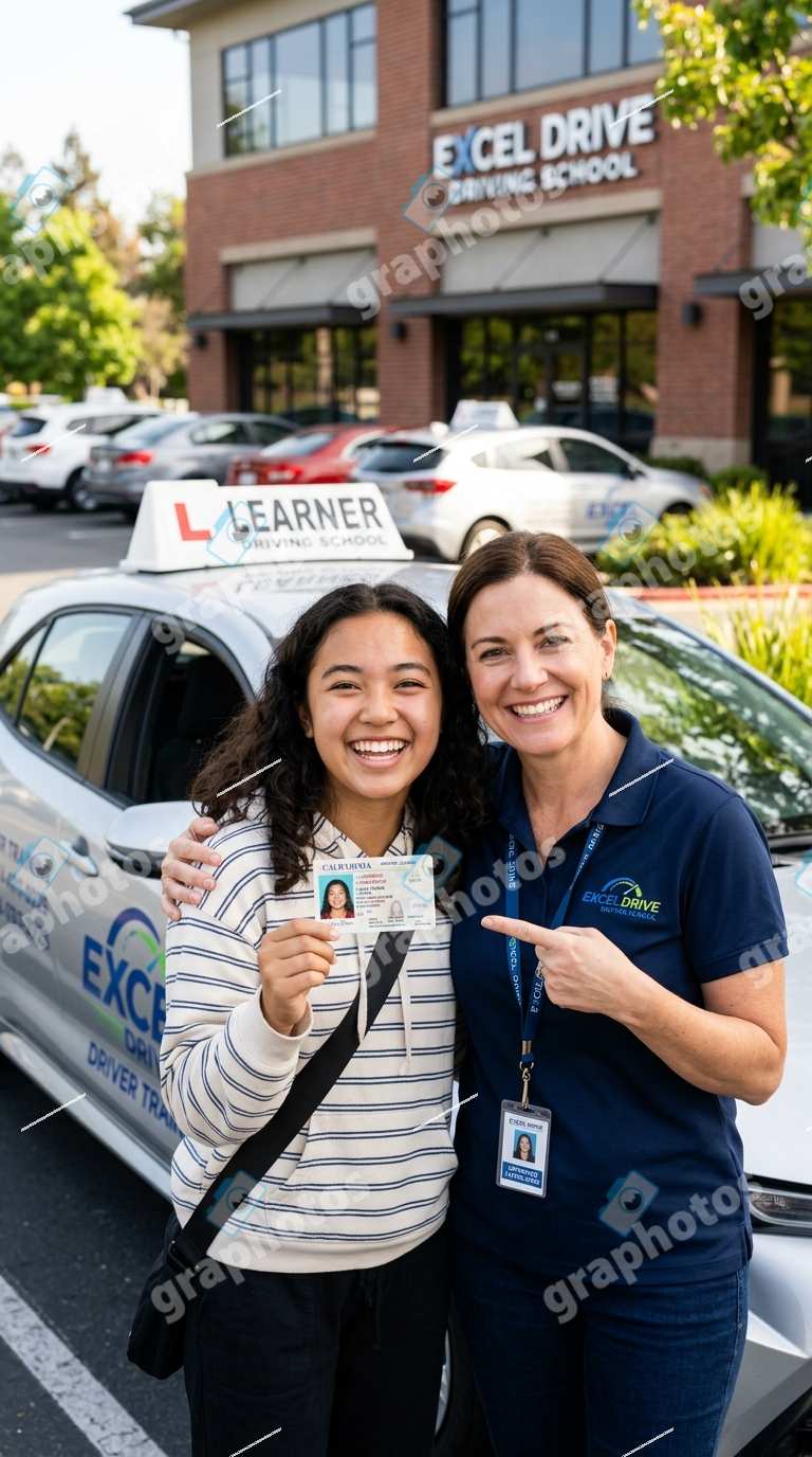 Happy student with new driver's license and instructor